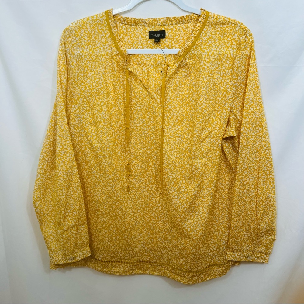 NWOT! Talbots Top Mustard Yellow Floral Long Sleeve Blouse Size Petite Large